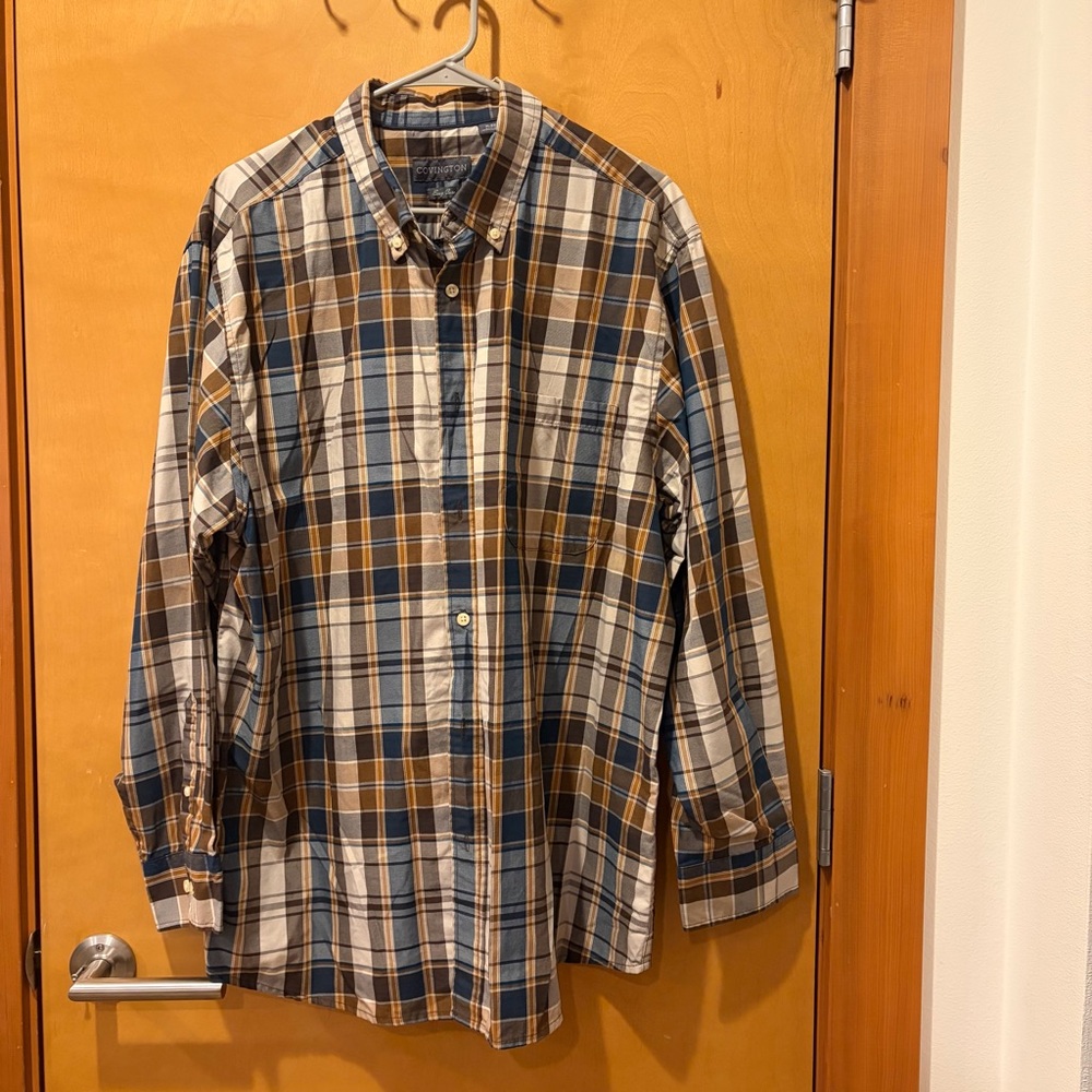 Men's Covington xl brown easy care Plaid Button-Down Shirt